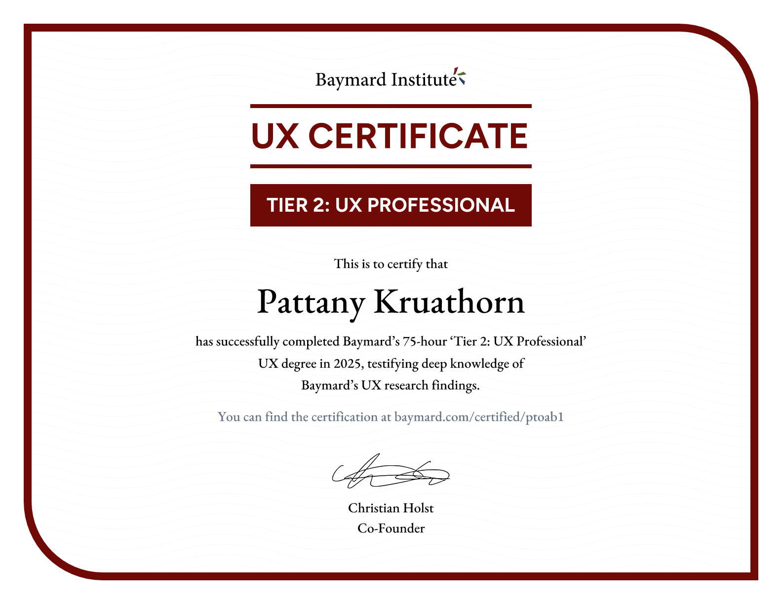 Pattany Kruathorn’s certificate